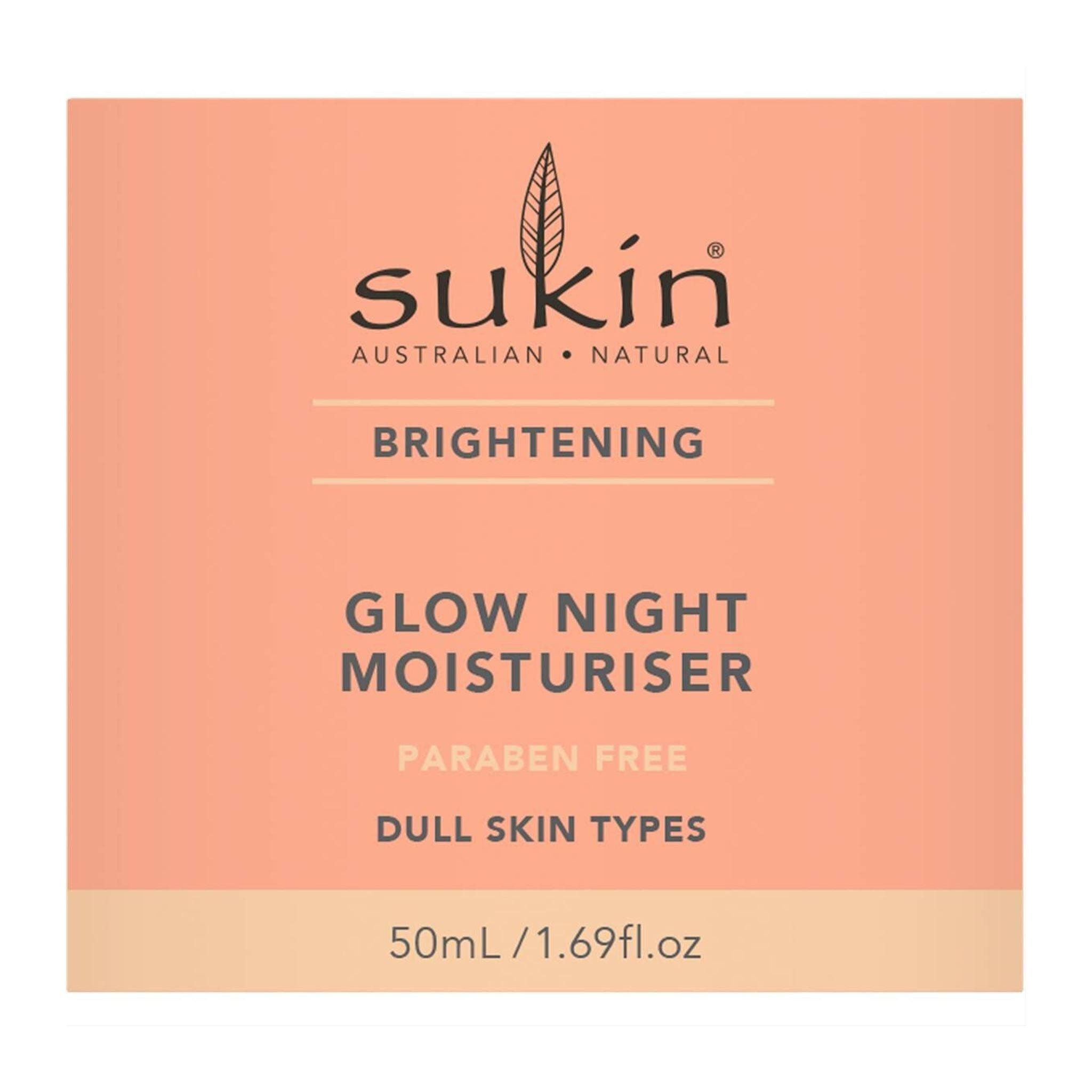 Sukin Glow Night Moisturiser packaging on a peach background