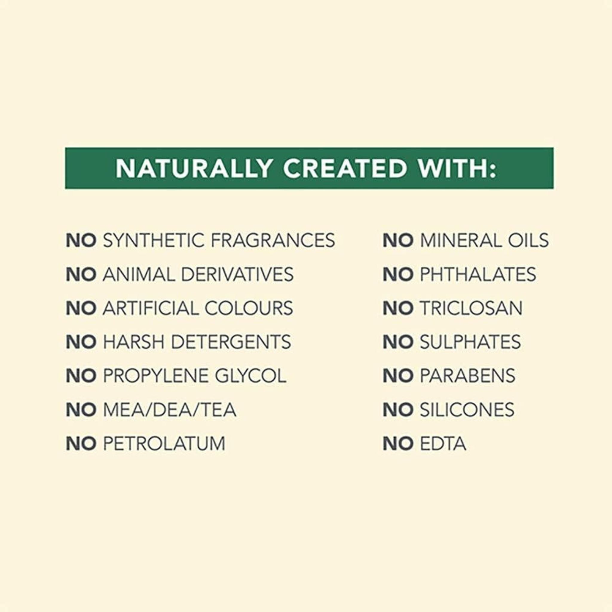 List of ingredients not used in a product, displayed on a beige background with a green header.