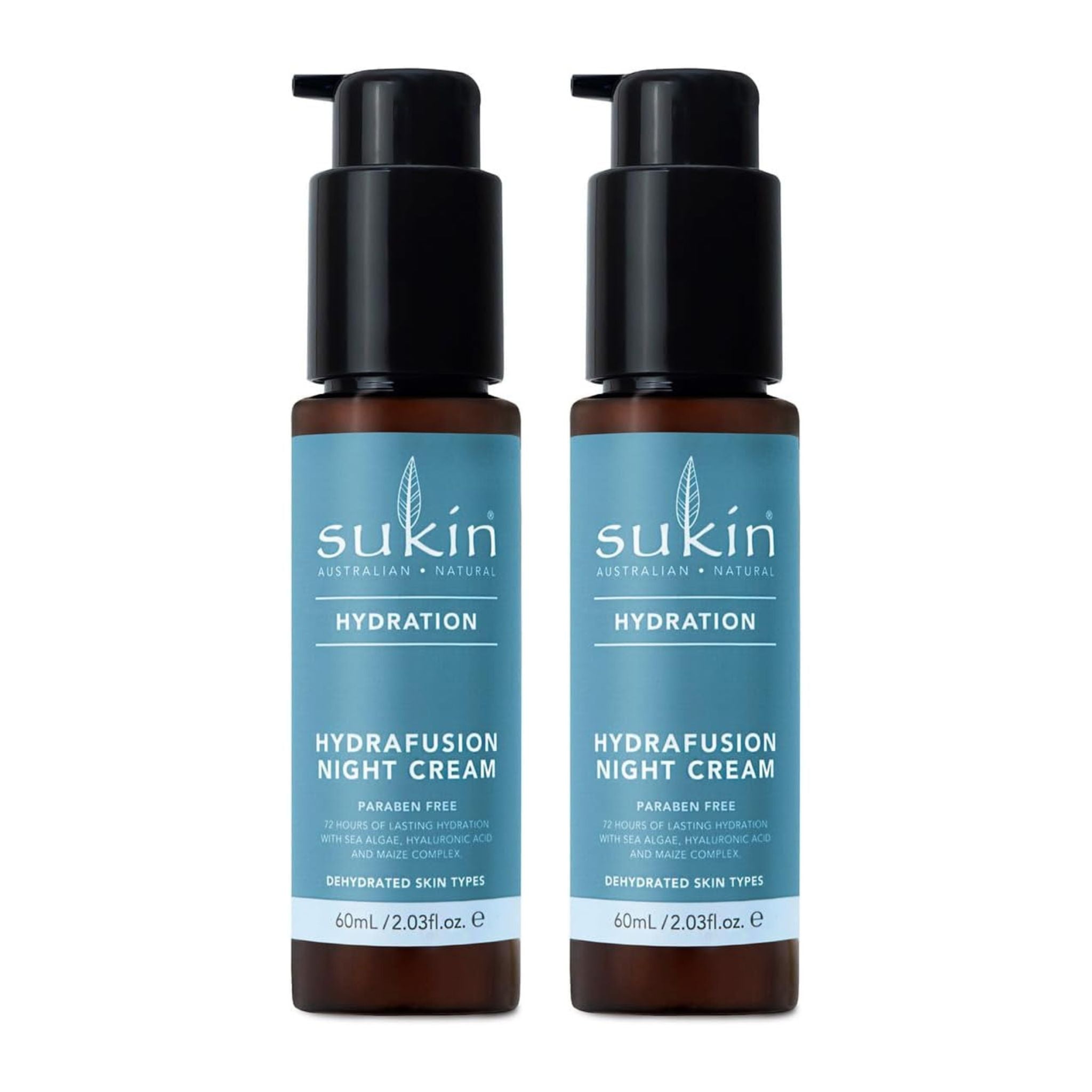 Two bottles of Sukin Hydrafusion Night Cream on a white background