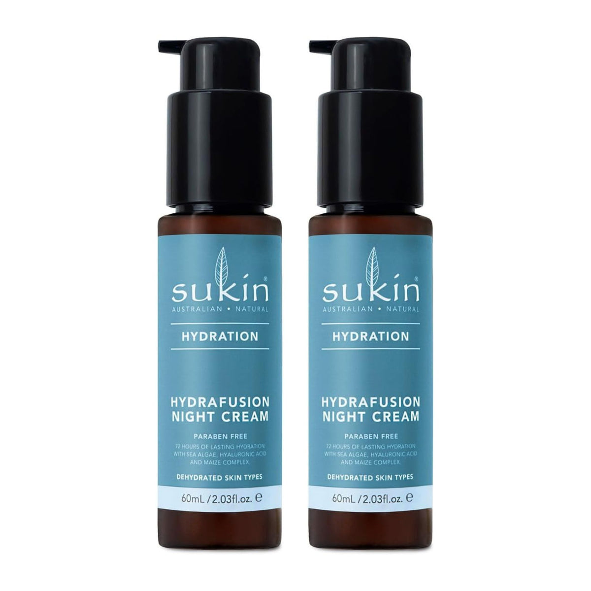 Two bottles of Sukin Hydrafusion Night Cream on a white background