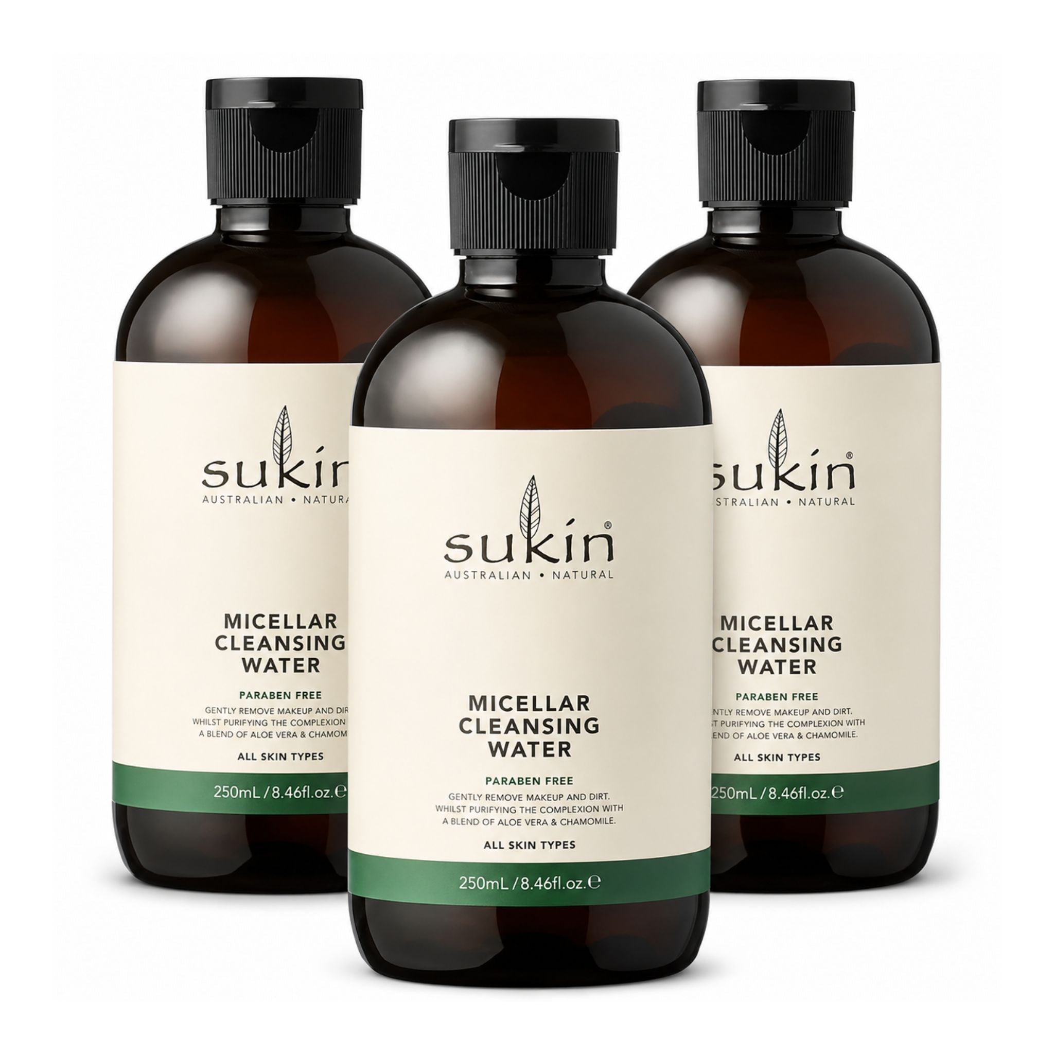 Three bottles of Sukin Micellar Cleansing Water on a white background