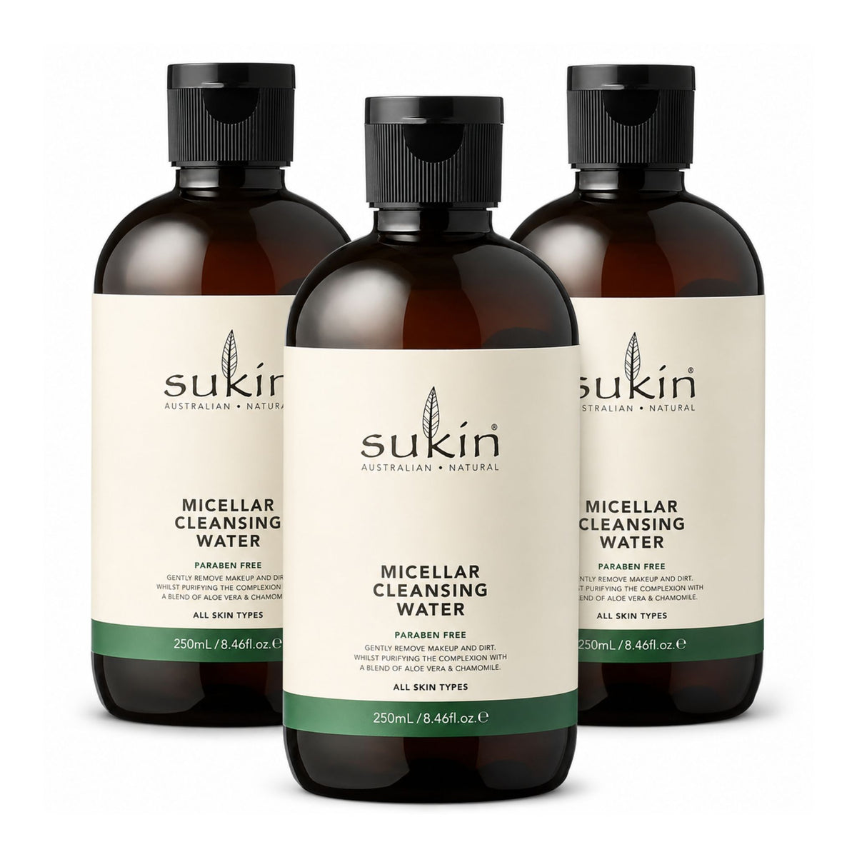 Three bottles of Sukin Micellar Cleansing Water on a white background