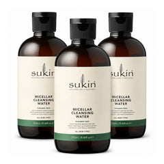 Three bottles of Sukin Micellar Cleansing Water on a white background