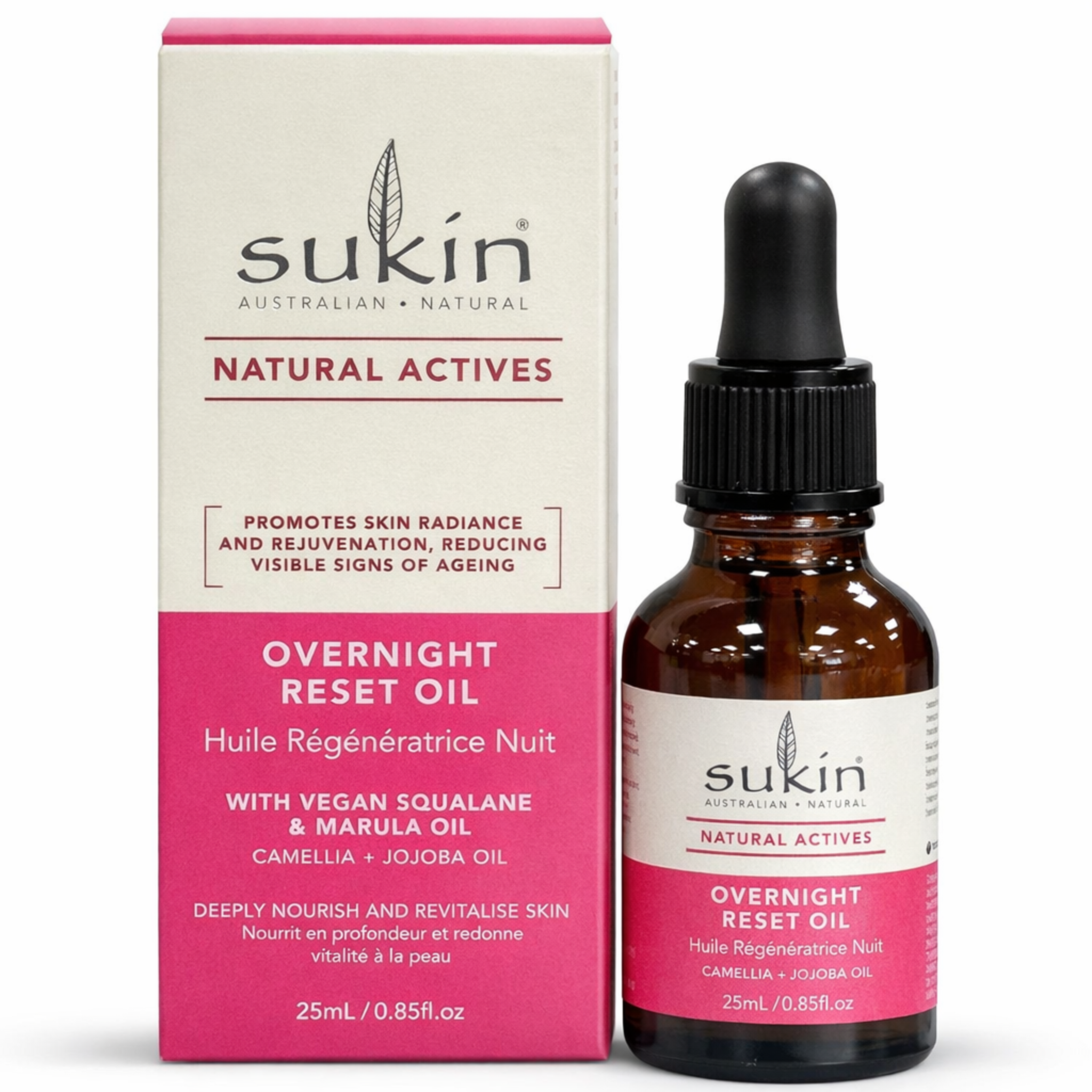 Sukin Overnight Reset Oil with packaging on a white background