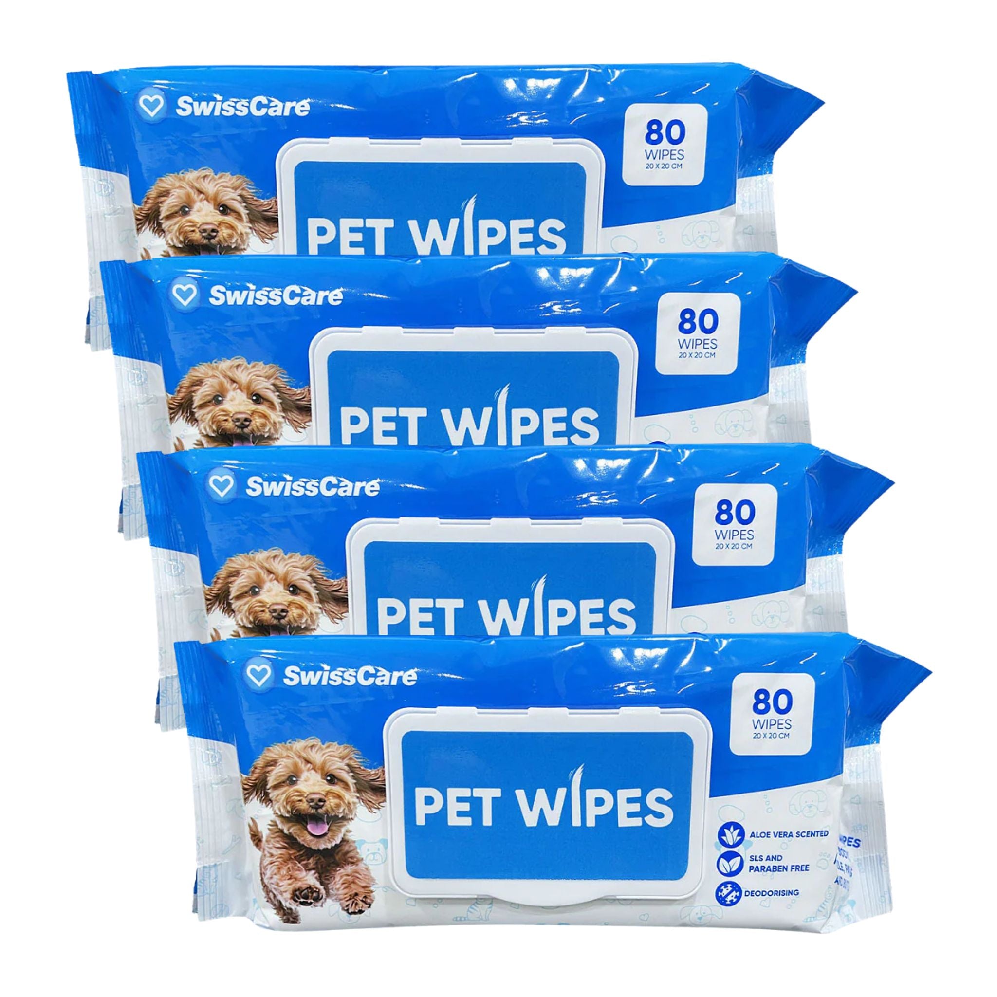 Multiple packages of SwissCare Pet Wipes on a white background