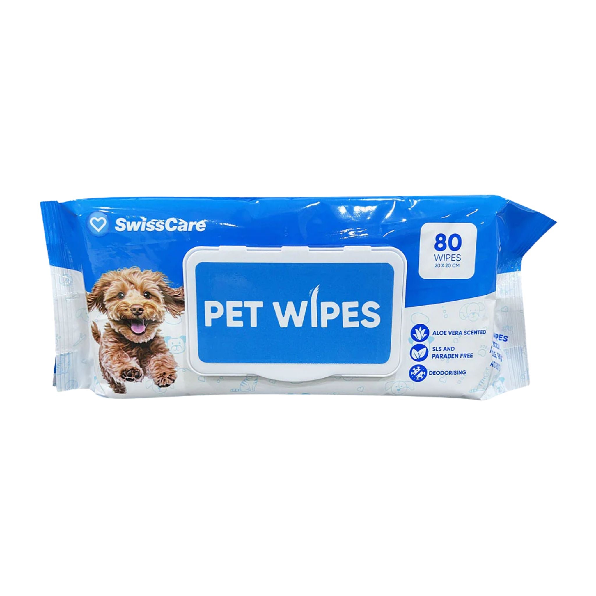 SwissCare pet wipes packaging with a dog illustration on a white background