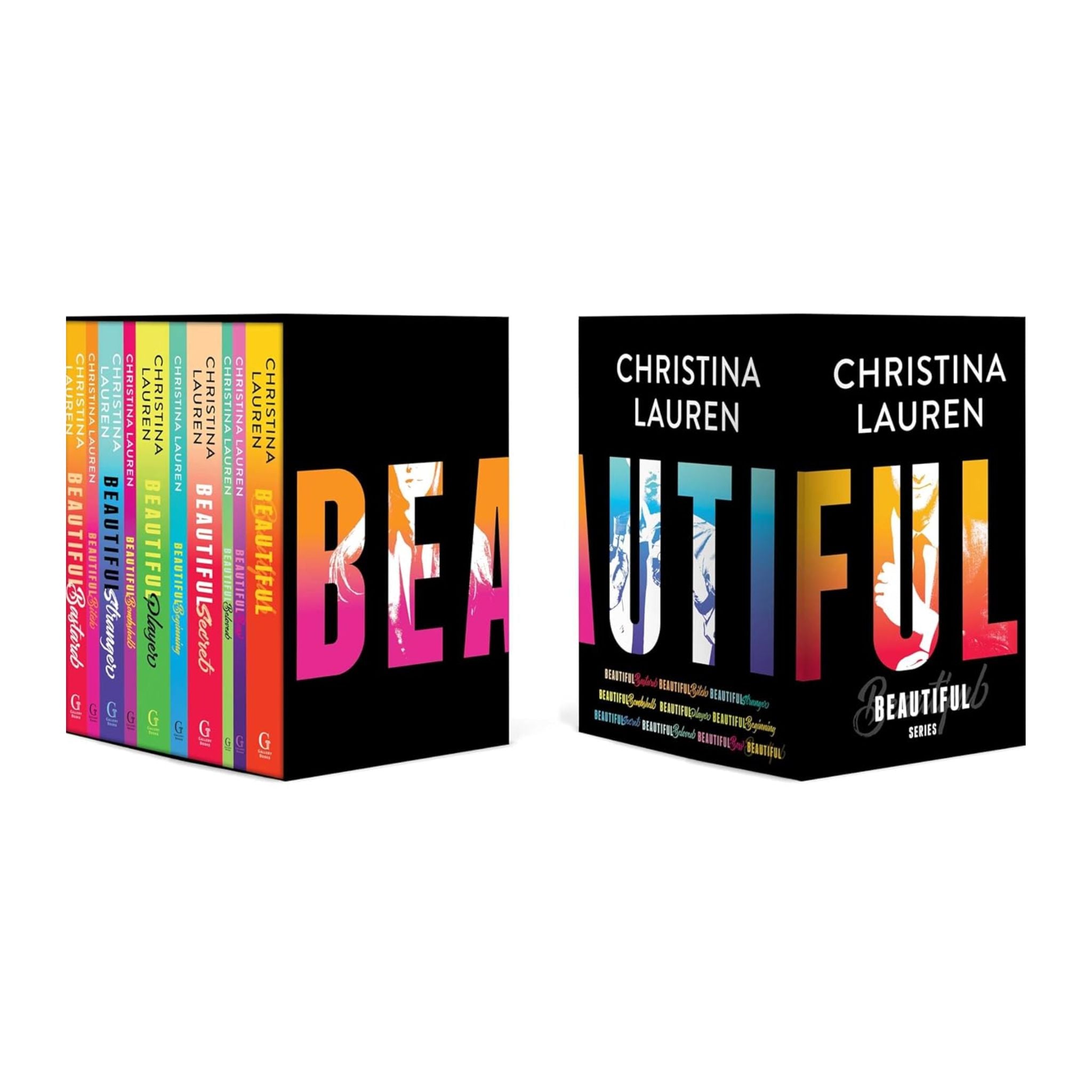 Set of books titled 'Beautiful' by Christina Lauren with colorful design on black background