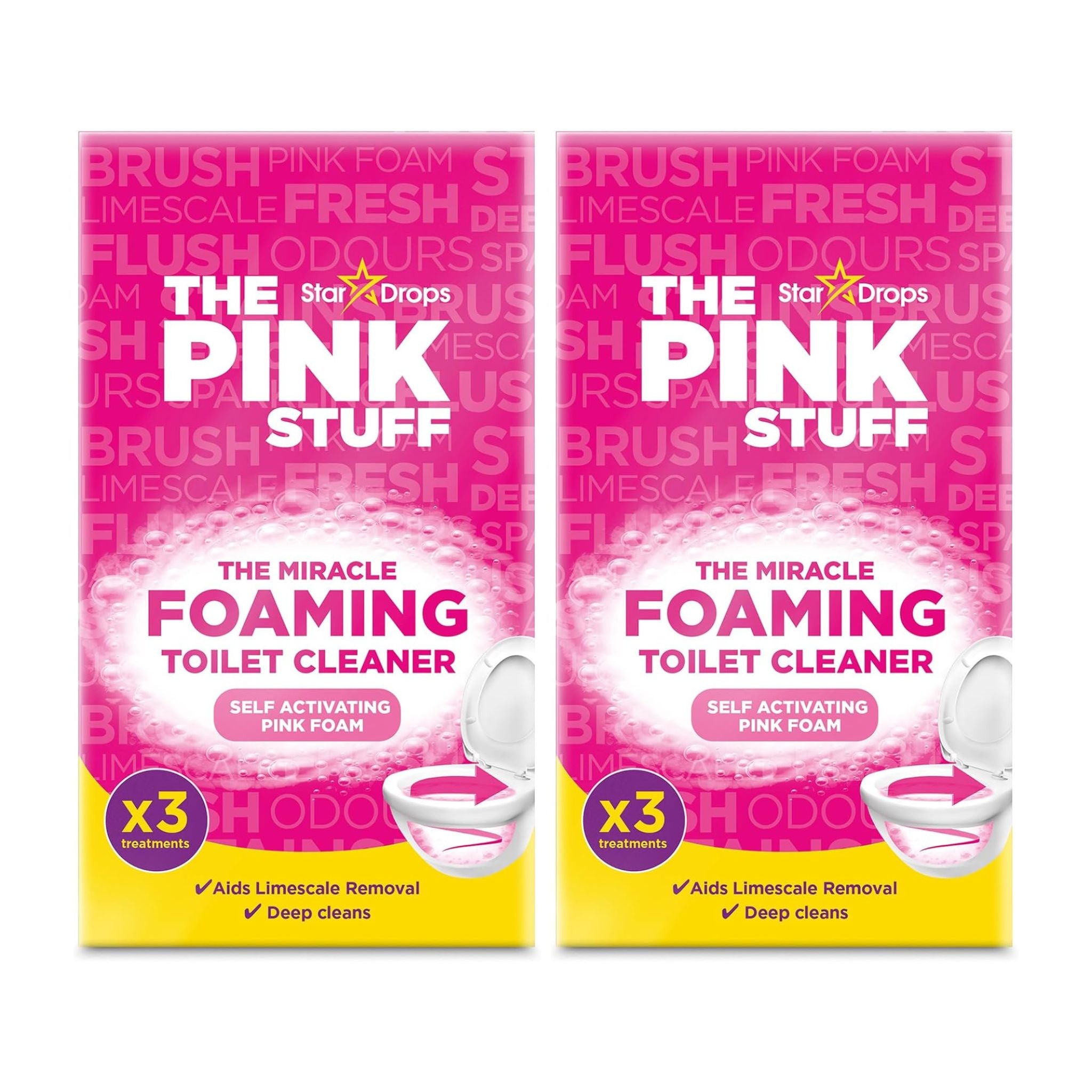 Two packages of 'The Pink Stuff' miracle foaming toilet cleaner on a white background.