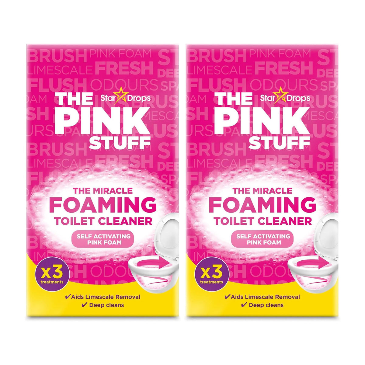 Two packages of 'The Pink Stuff' miracle foaming toilet cleaner on a white background.