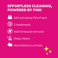 Pink background with text about self-activating pink foam for cleaning, featuring icons and text.