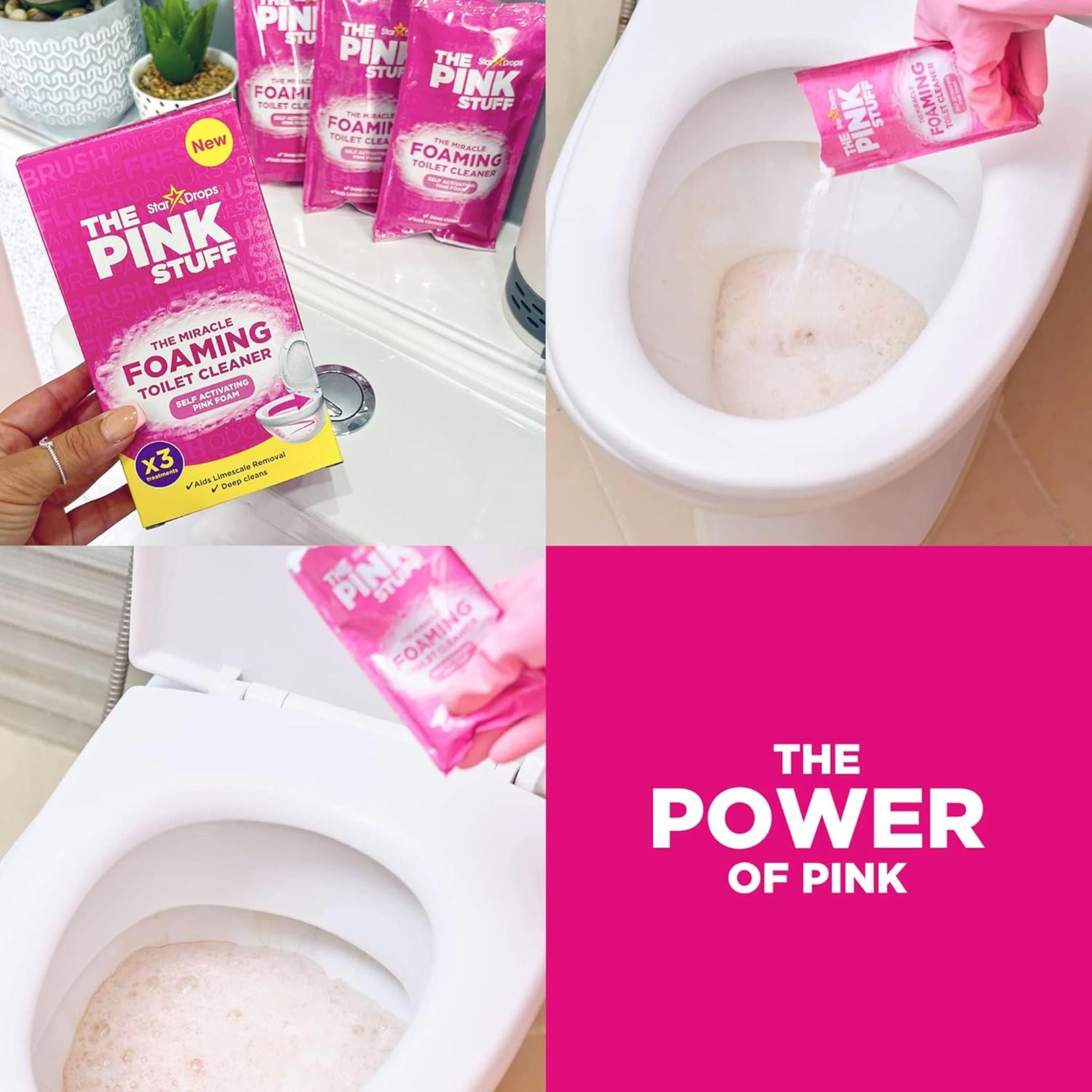 Collage of 'The Pink Stuff' foaming toilet cleaner packaging and use in a toilet bowl.