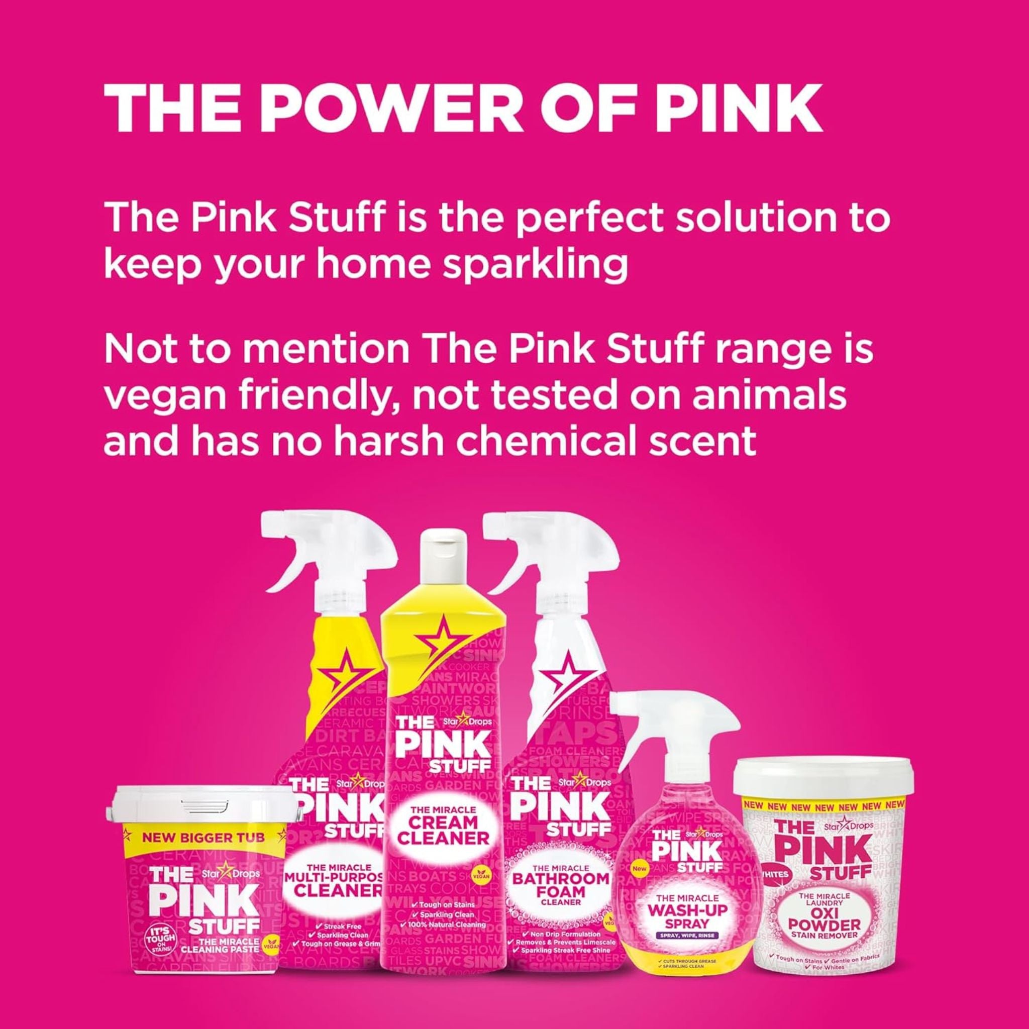 Pink cleaning product packaging with text on a pink background