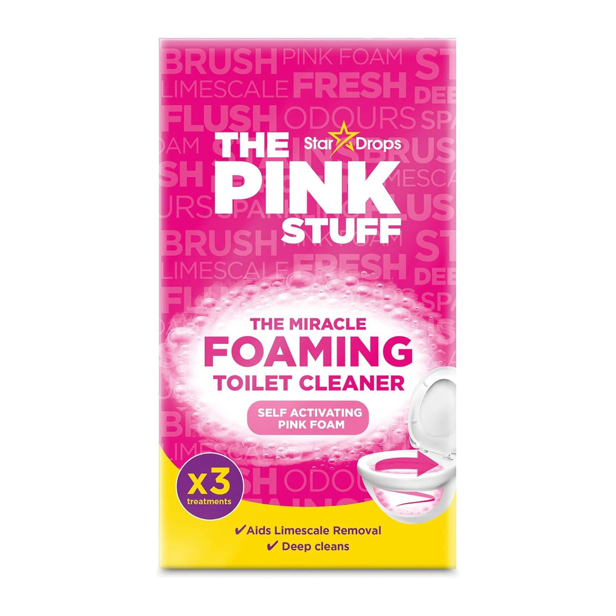 Pink packaging of The Pink Stuff miracle foaming toilet cleaner with text and images on a white background.