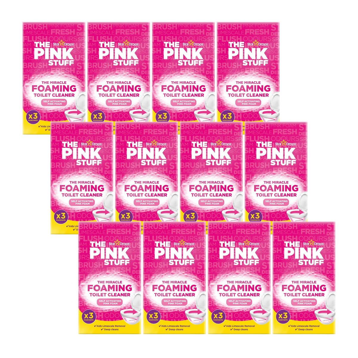 Multiple boxes of 'The Pink Stuff' foaming toilet cleaner on a white background