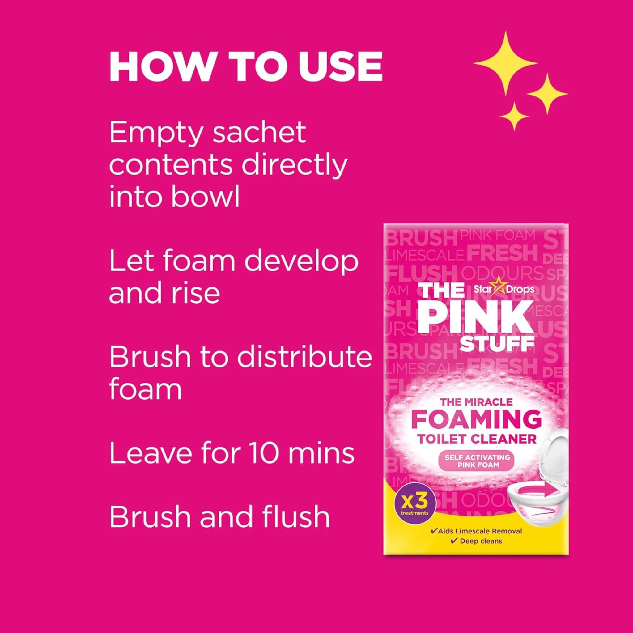 Instructions for using The Pink Stuff toilet cleaner on a pink background