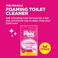 Advertisement for The Pink Stuff Miracle Foaming Toilet Cleaner on a pink background