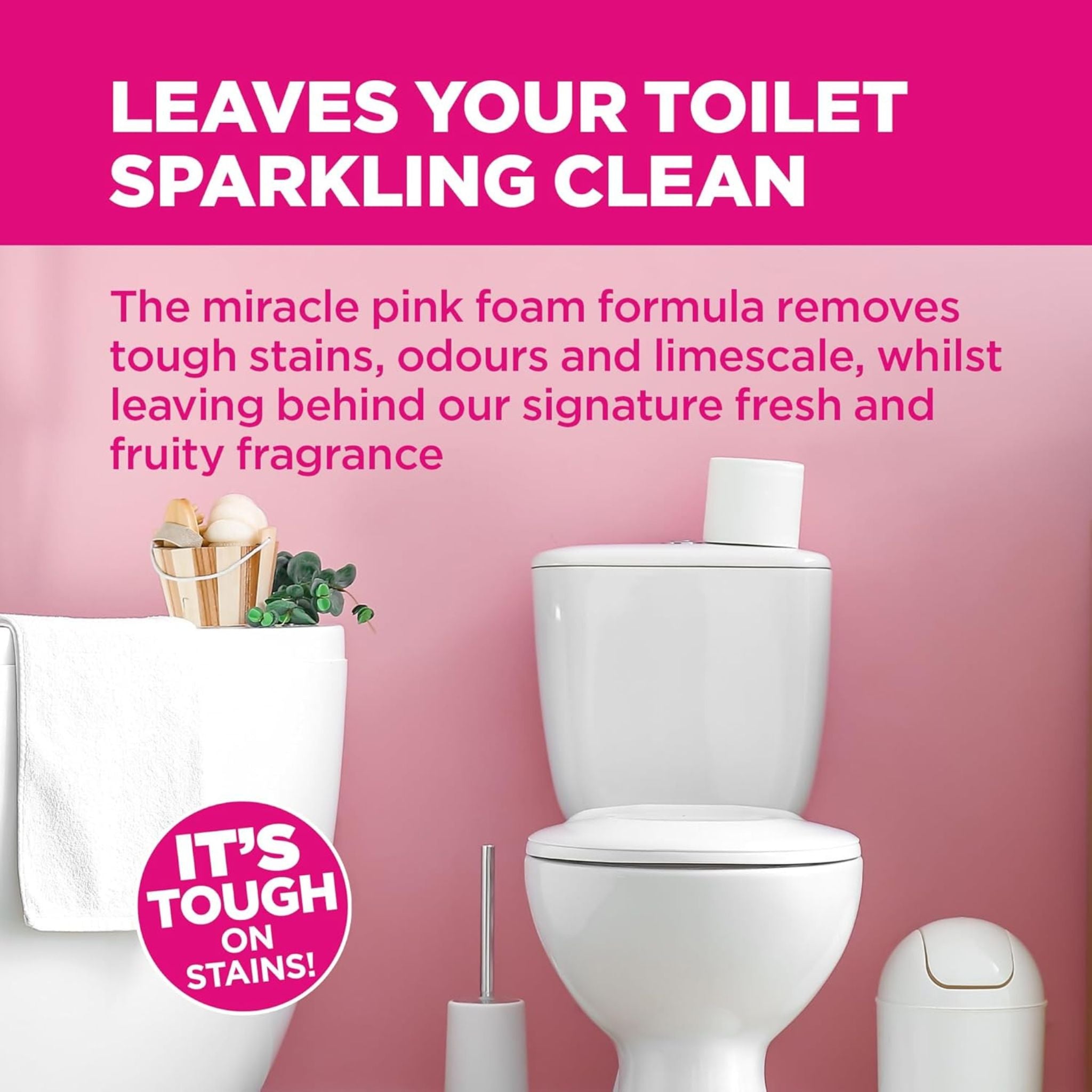 Advertisement for toilet cleaning product with a pink background and white toilet.