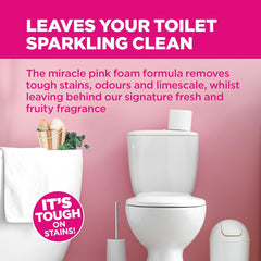 Advertisement for toilet cleaning product with a pink background and white toilet.