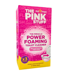 Box of 'The Pink Stuff' power foaming toilet cleaner with pink and yellow design.