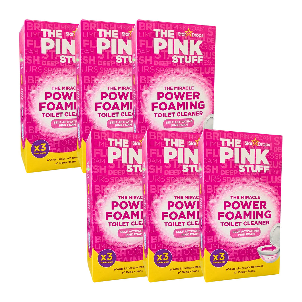 Five boxes of 'The Pink Stuff' power foaming toilet cleaner on a white background