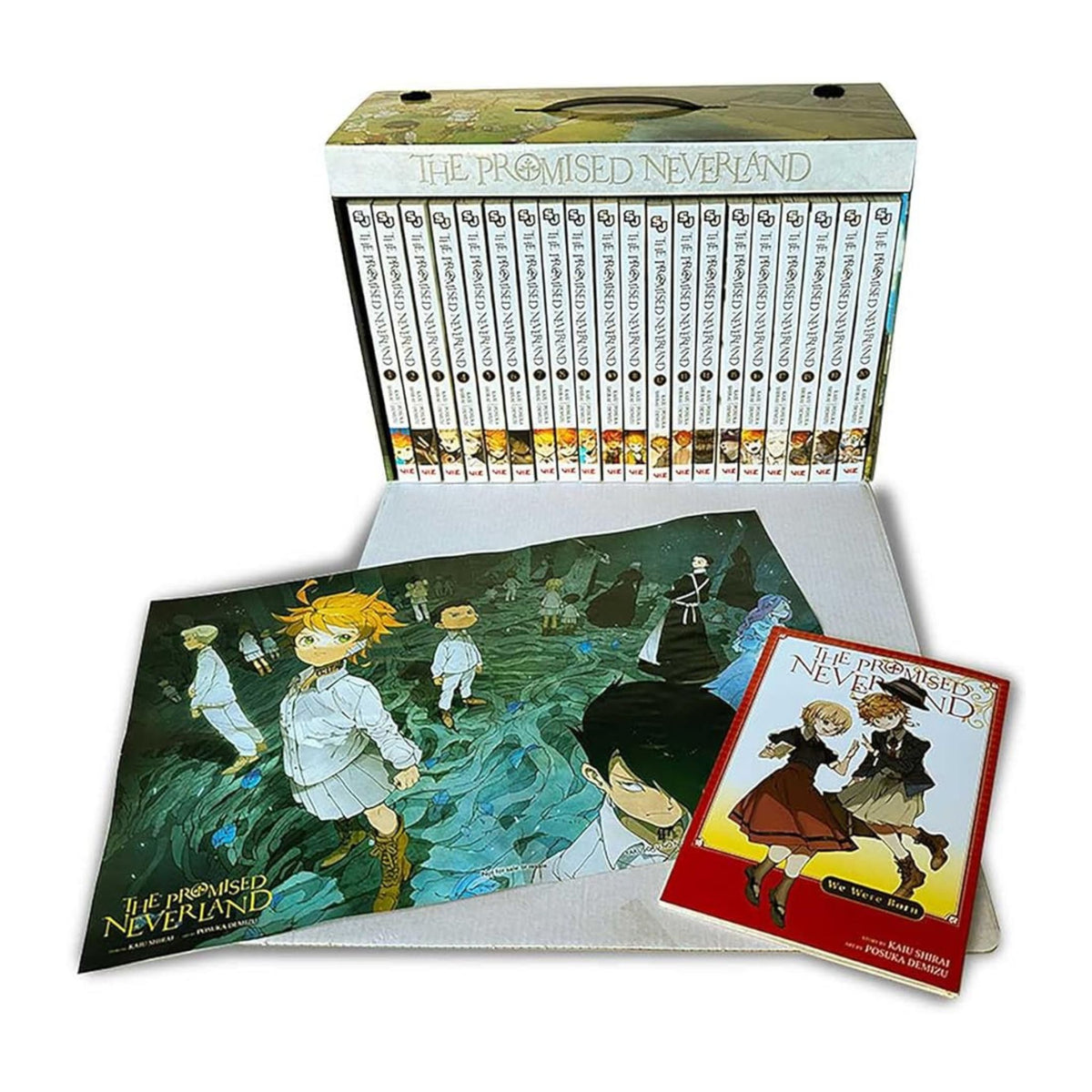 Collection of 'The Promised Neverland' manga books with a box set on a white background
