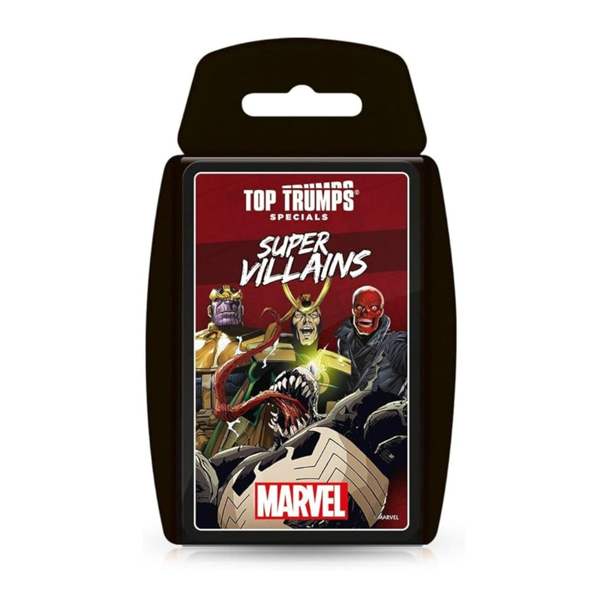 Marvel Top Trumps Super Villains card game packaging on a white background