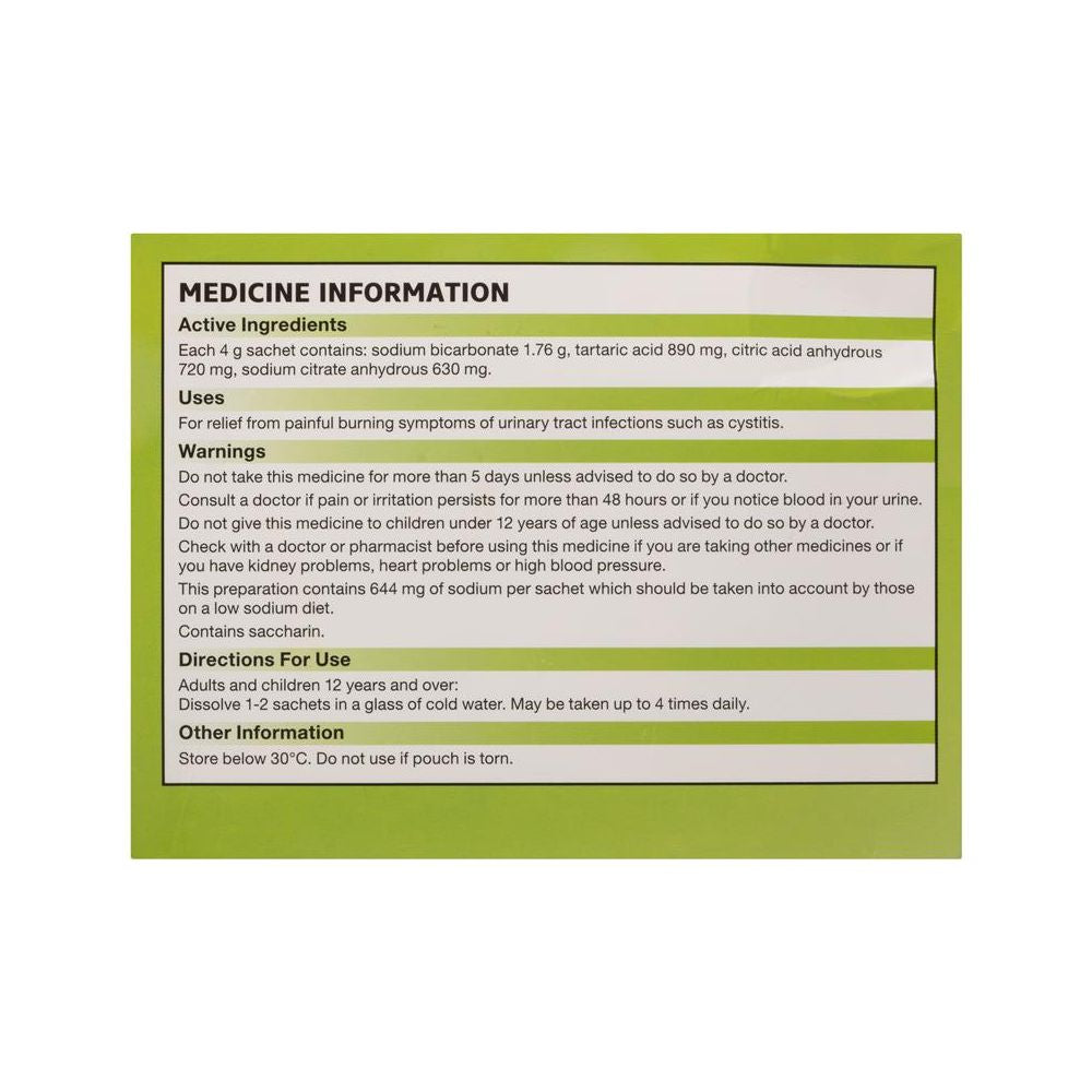 Ural urinary alkaliser lemon effervescent powder box side view 28 sachets