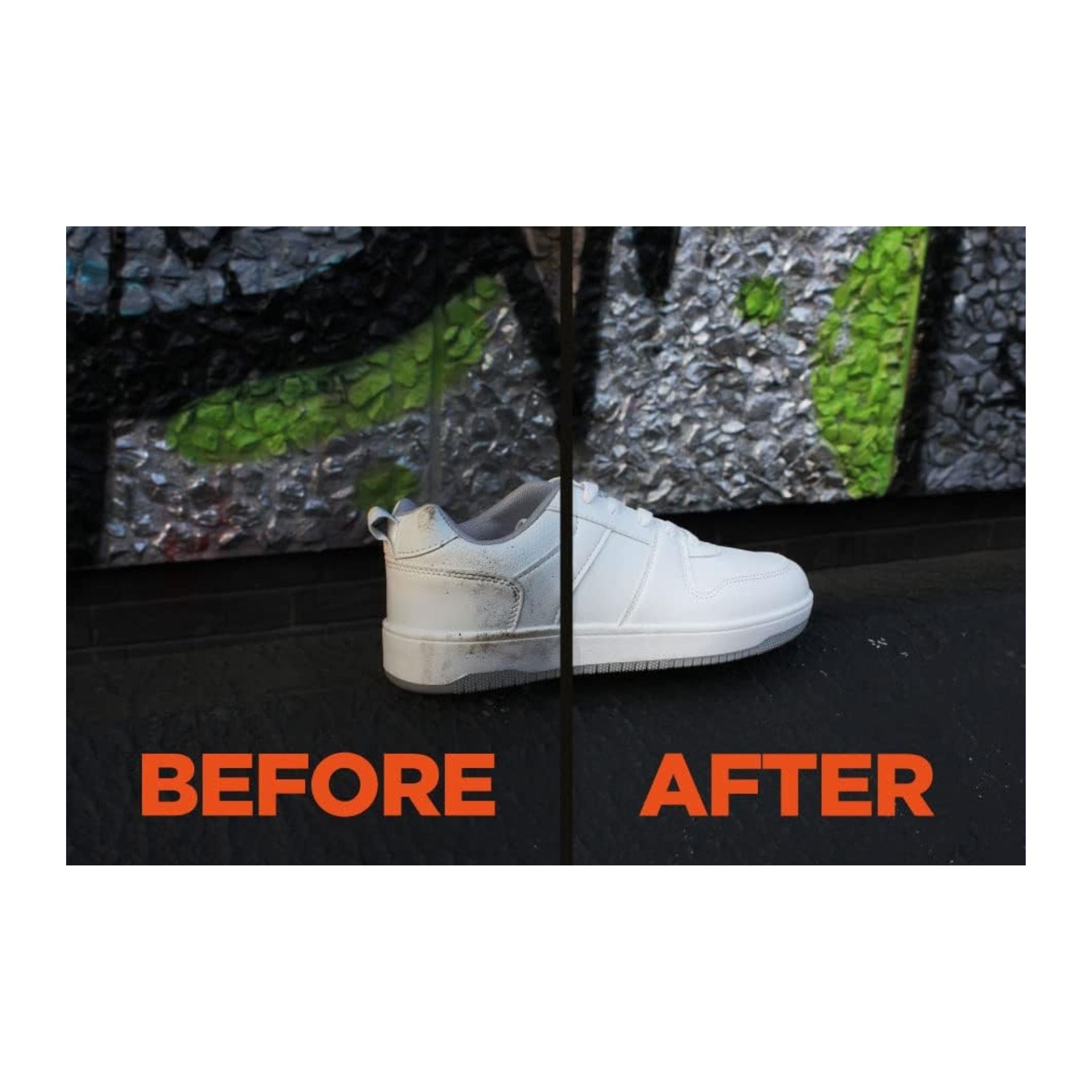 Before and after comparison of a white sneaker on a textured floor.