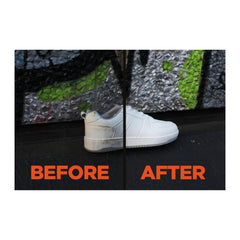 Before and after comparison of a white sneaker on a textured floor.