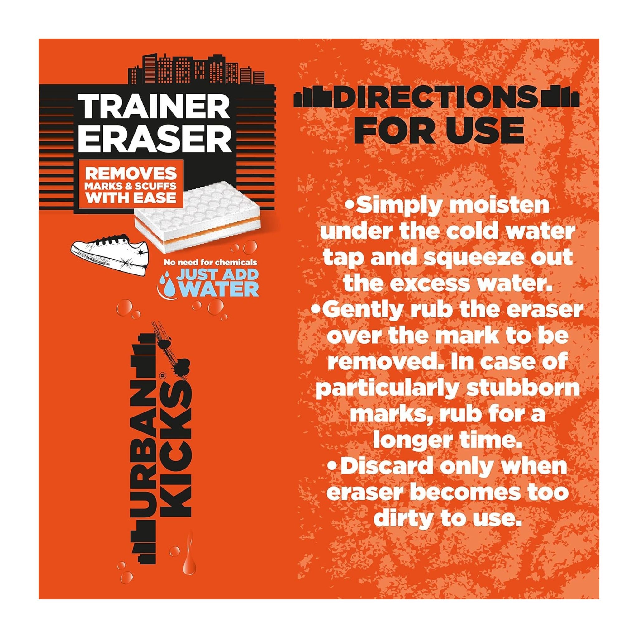 Trainer Eraser packaging with directions for use on an orange background