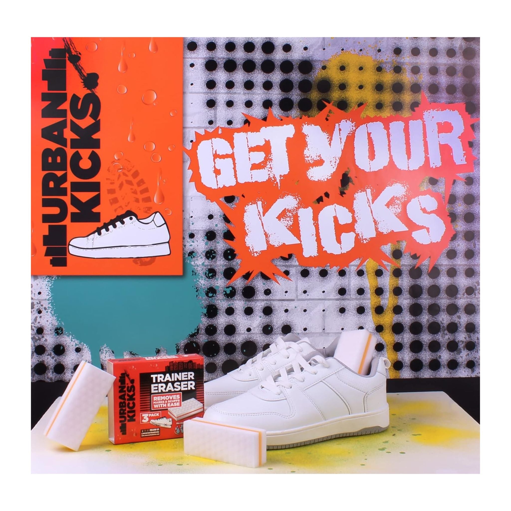 White sneakers with 'Urban Kicks' branding on a colorful background
