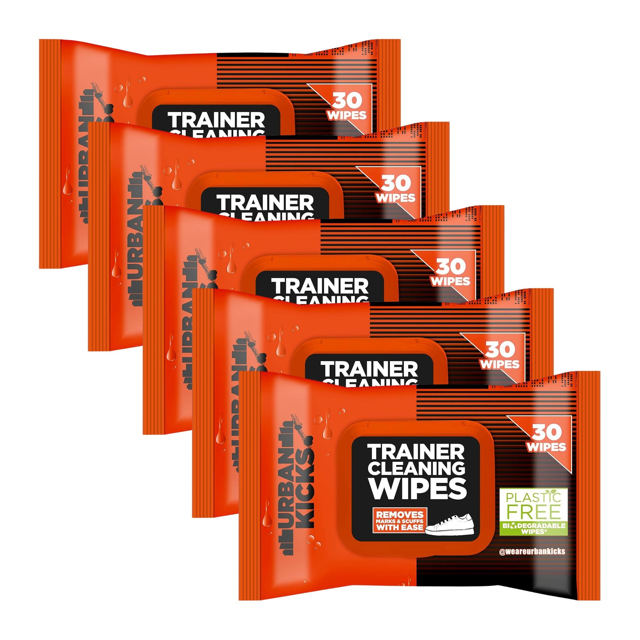 Multiple packages of Urban Kicks Trainer Cleaning Wipes on a white background