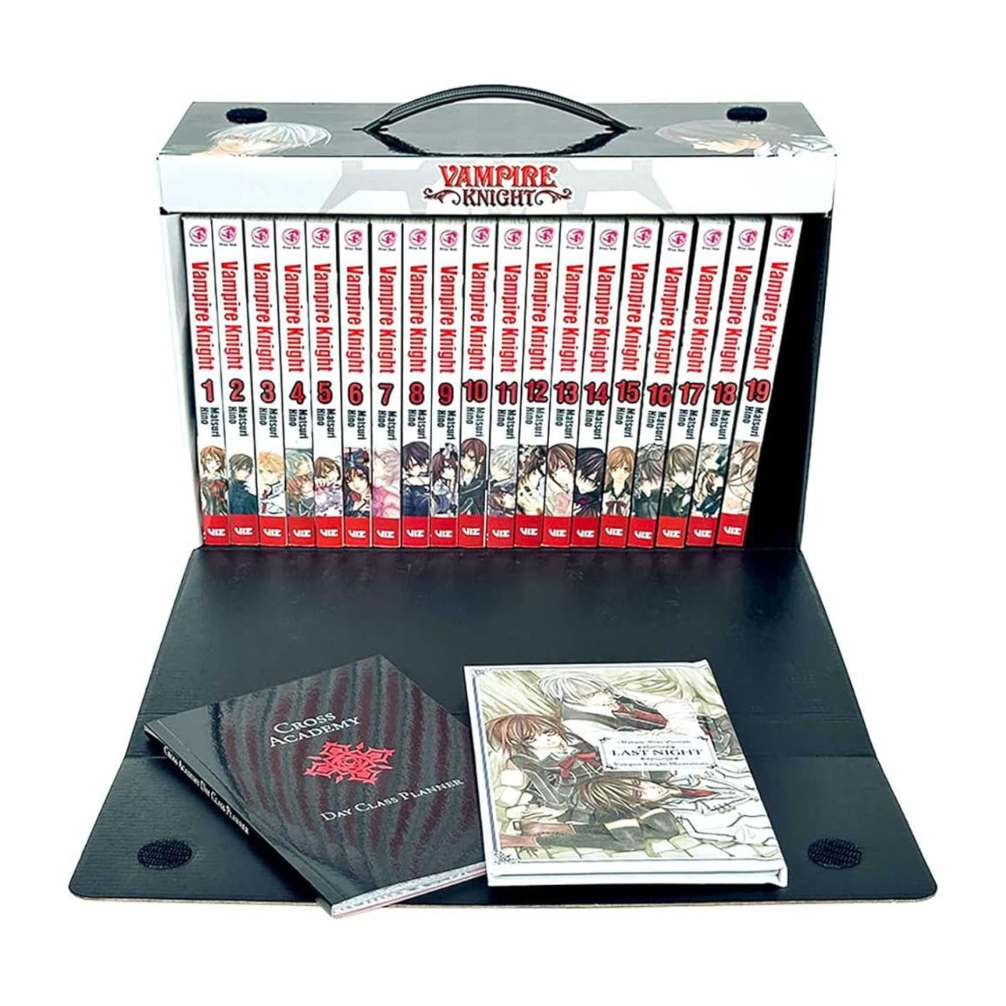 Collection of 'Vampire Knight' manga volumes with a black tray and promotional material on a white background.