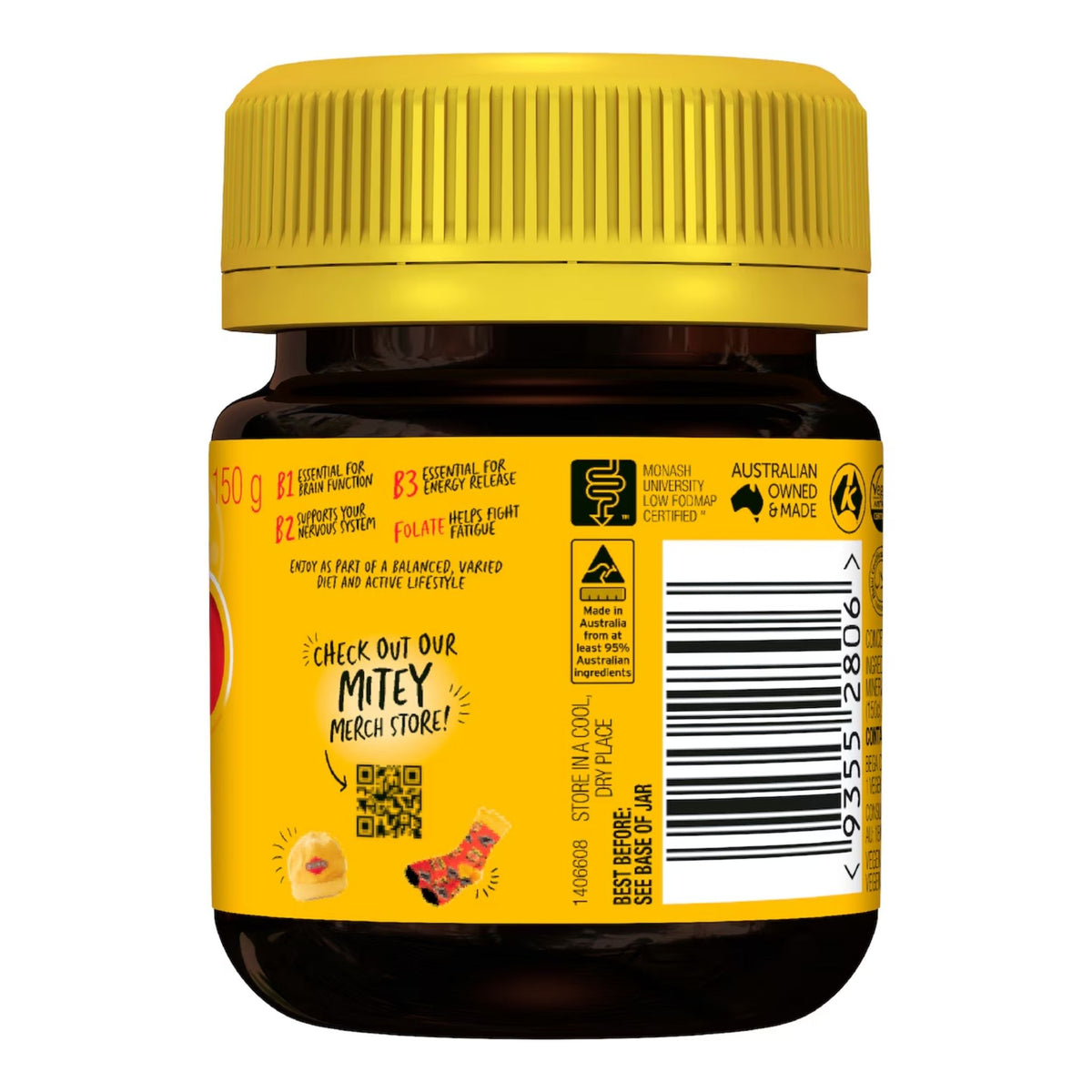Back view of a jar of Mitey Mitey Spread with a bright yellow lid and a yellow label featuring product information, a barcode, and Australian origin badges.