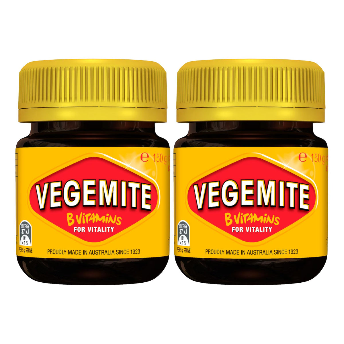 Two jars of Vegemite B Vitamins for Vitality side by side on a white background.