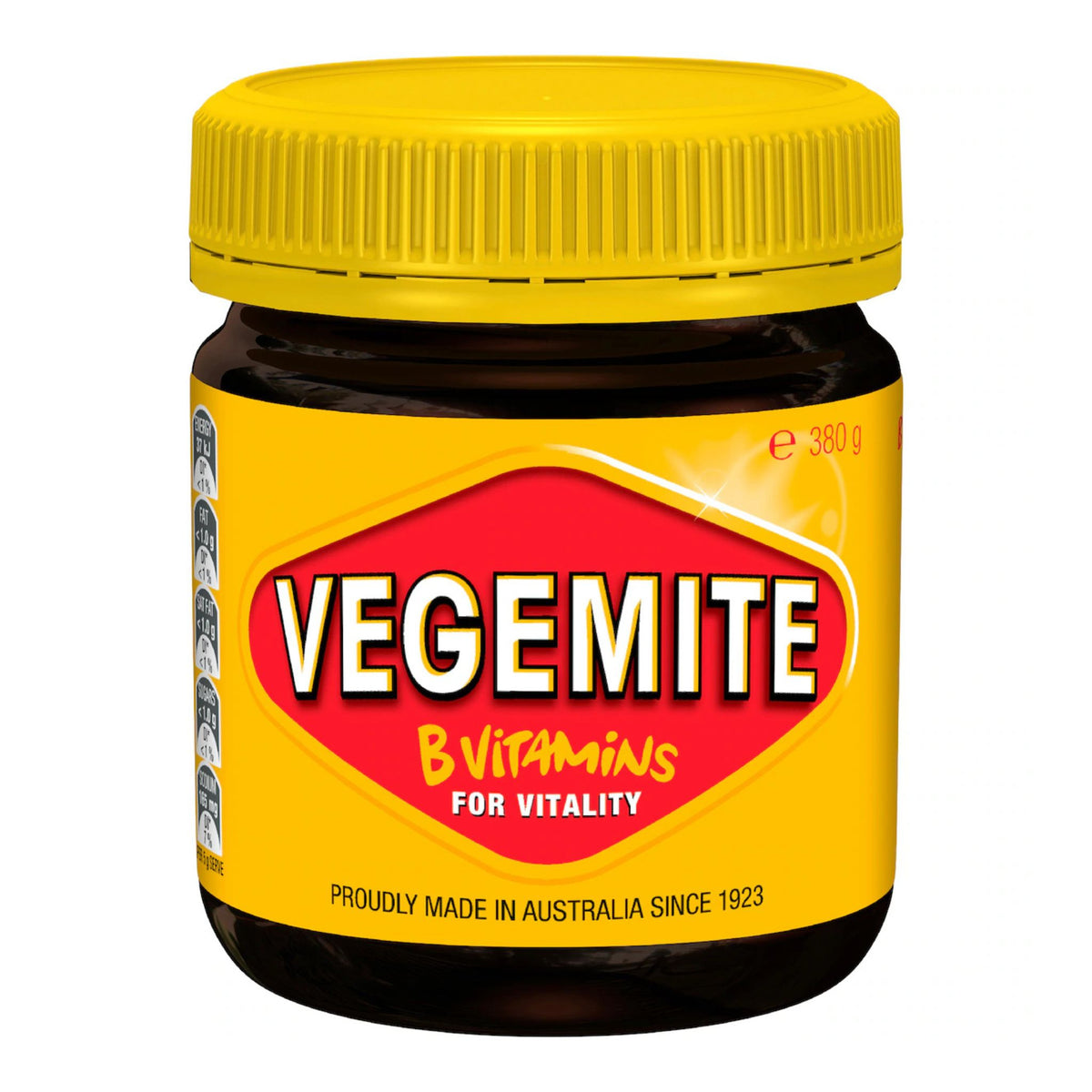 A jar of Vegemite B Vitamins for Vitality, featuring a bright yellow lid and a yellow label with a red central logo panel, on a plain white background.