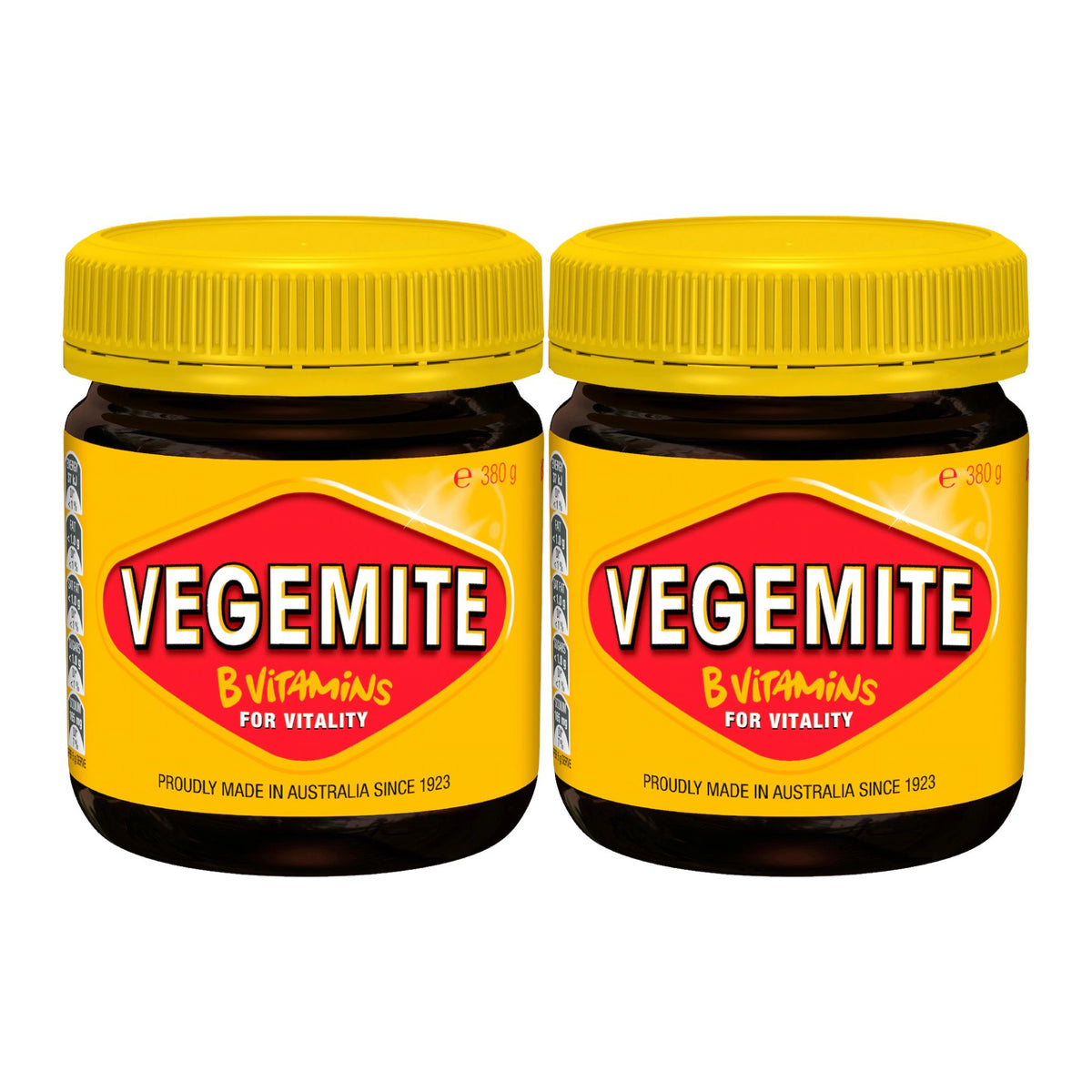 Two jars of Vegemite B Vitamins for Vitality side by side on a plain white background.