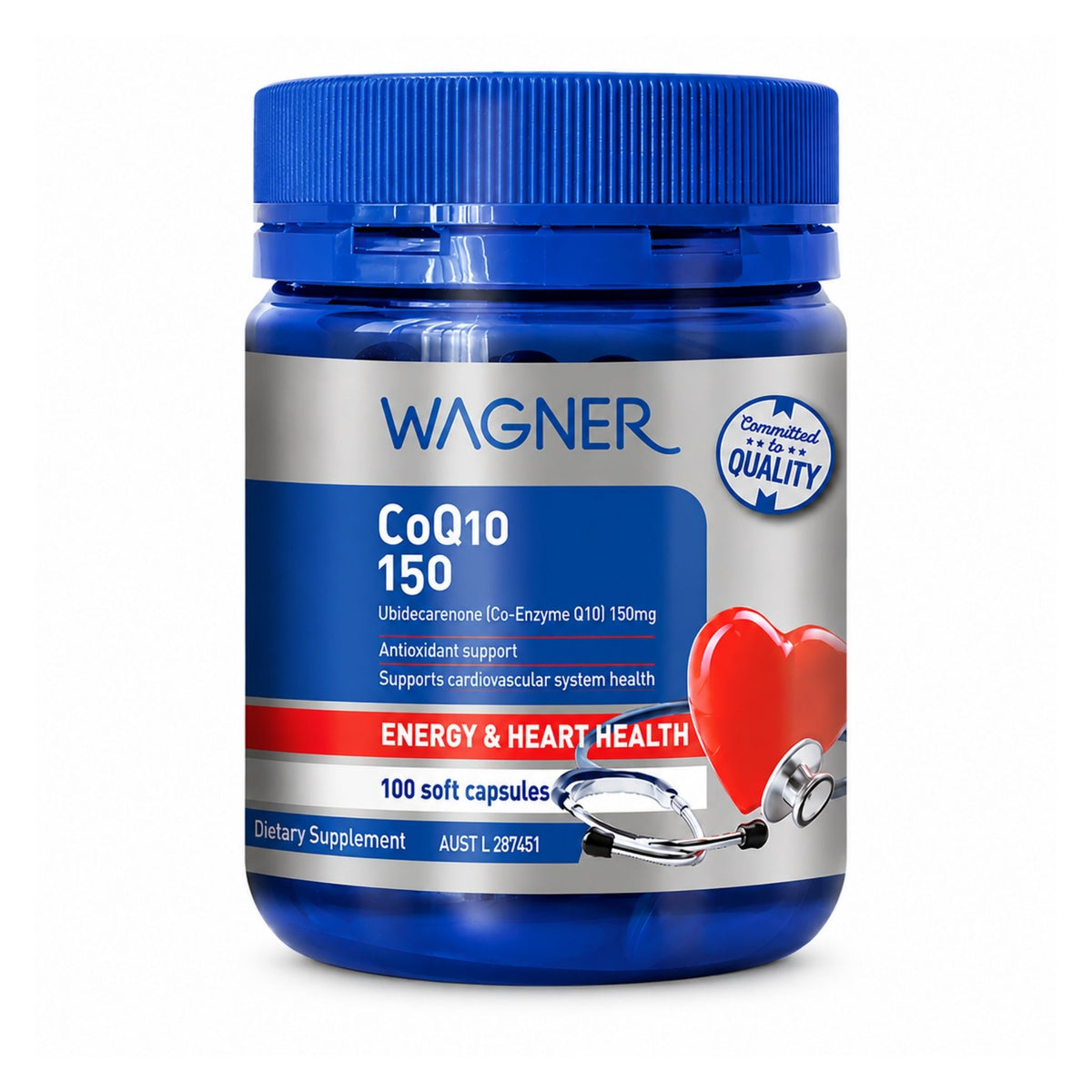 A blue plastic bottle of Wagner CoQ10 150 dietary supplement with a blue and silver label, featuring a red heart graphic and a stethoscope illustration.