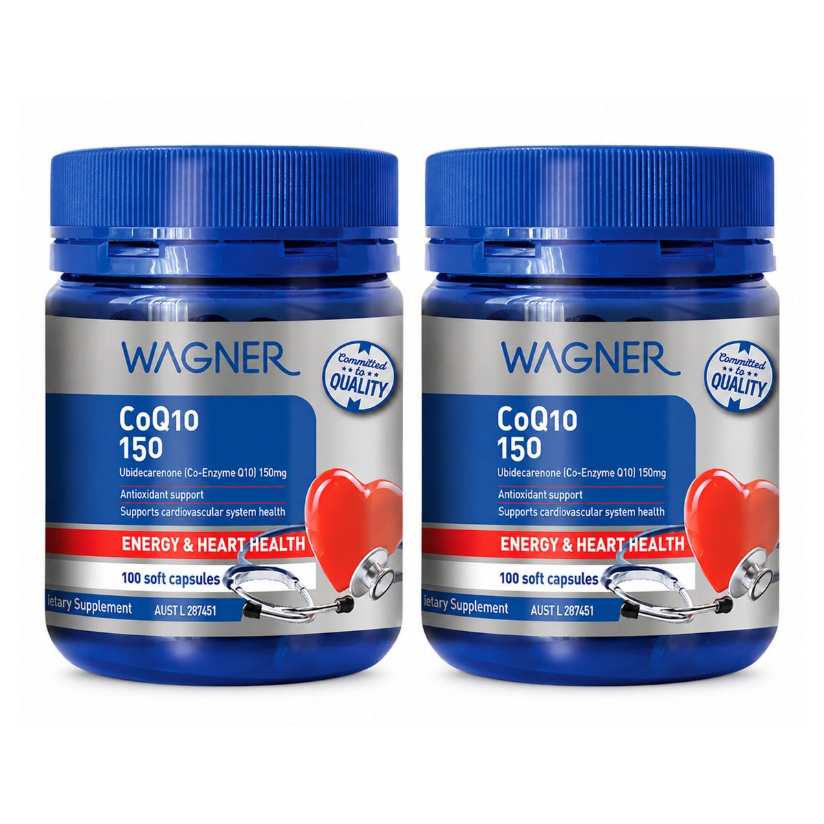 Two blue plastic bottles of Wagner CoQ10 150 dietary supplement with blue caps, displayed side-by-side on a white background.