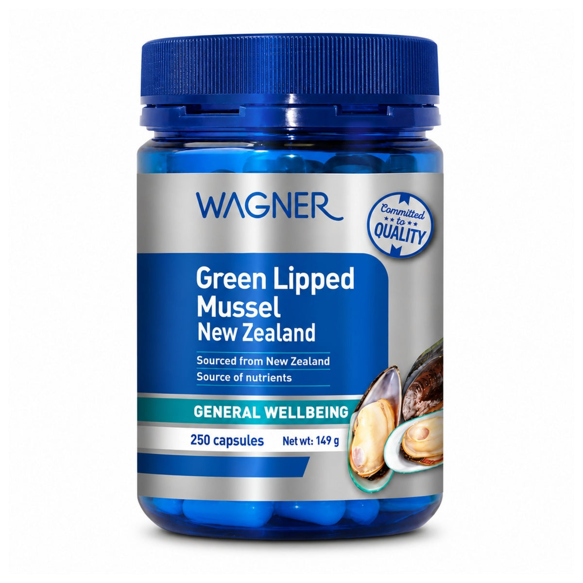 Alt text: Wagner Green Lipped Mussel New Zealand 500 mg 250 Capsules