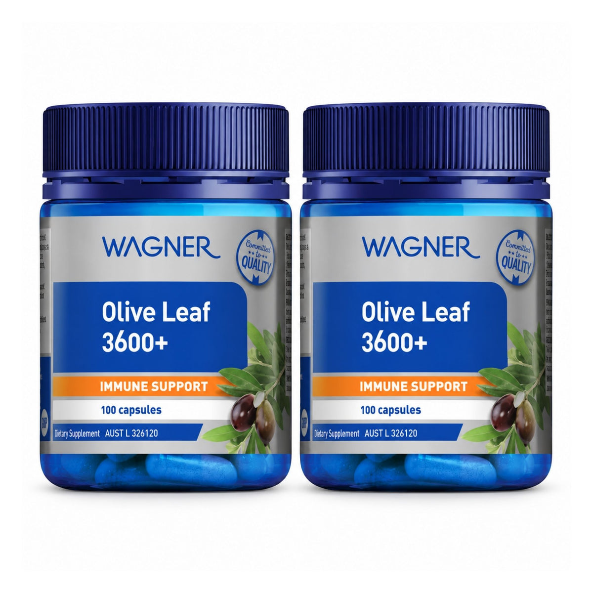 Two bottles of Wagner Olive Leaf 3600+ dietary supplement side by side on a white background.