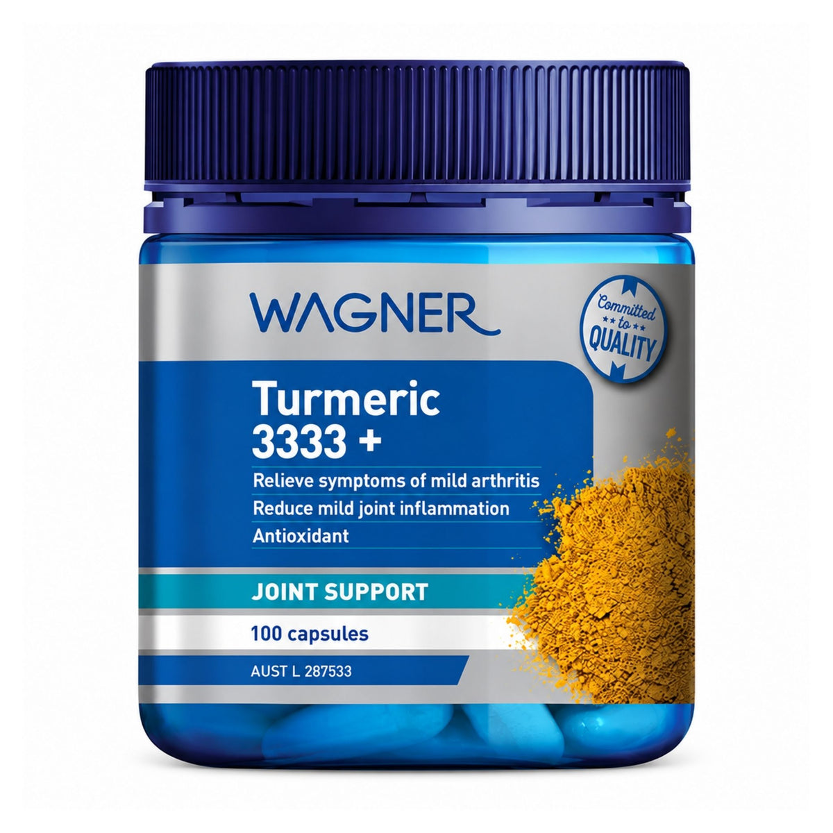 A bottle of Wagner Turmeric 3333 Joint Support capsules, featuring a blue and silver label with a yellow turmeric powder graphic, on a white background.