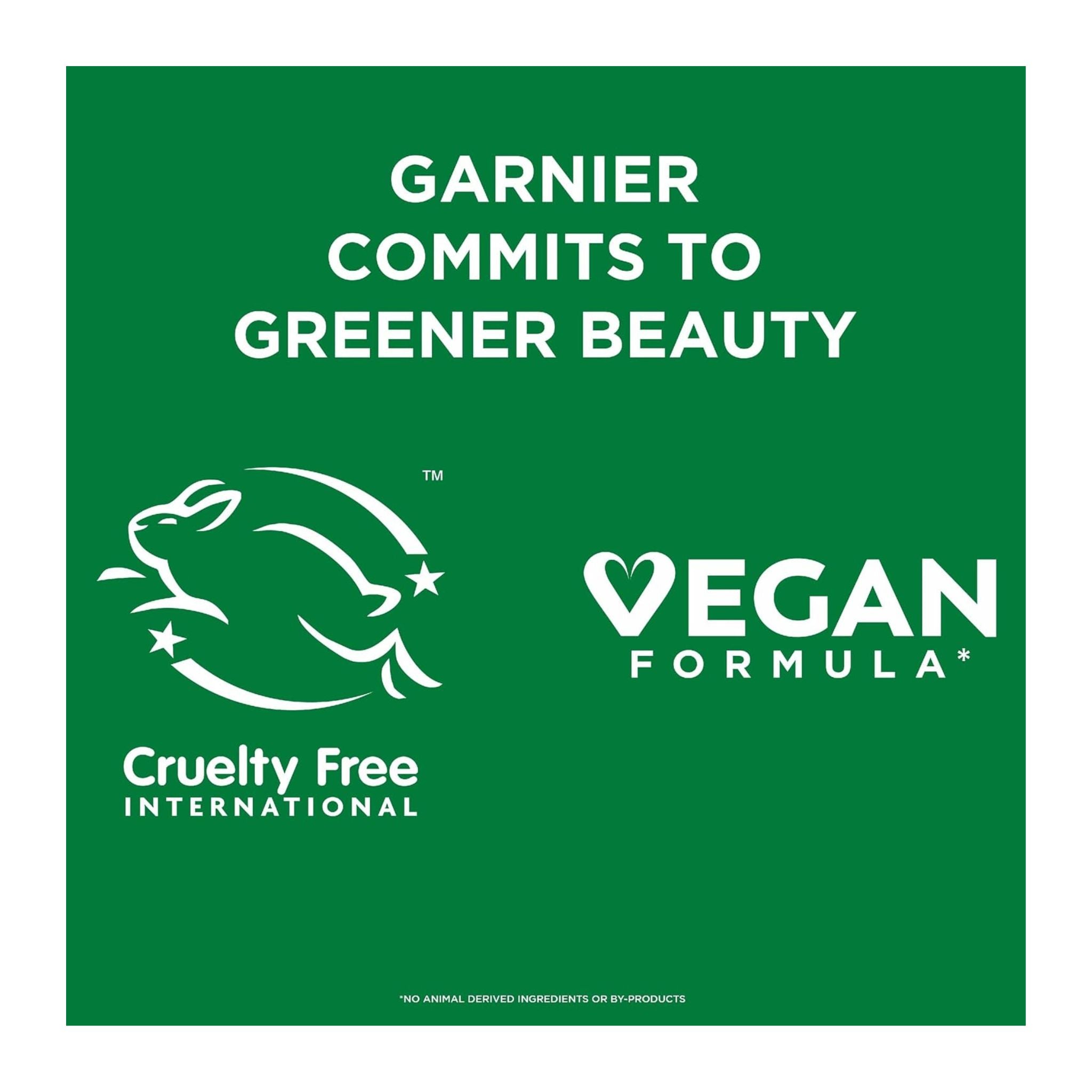 Garnier commitment to greener beauty with cruelty-free and vegan formula logos on a green background